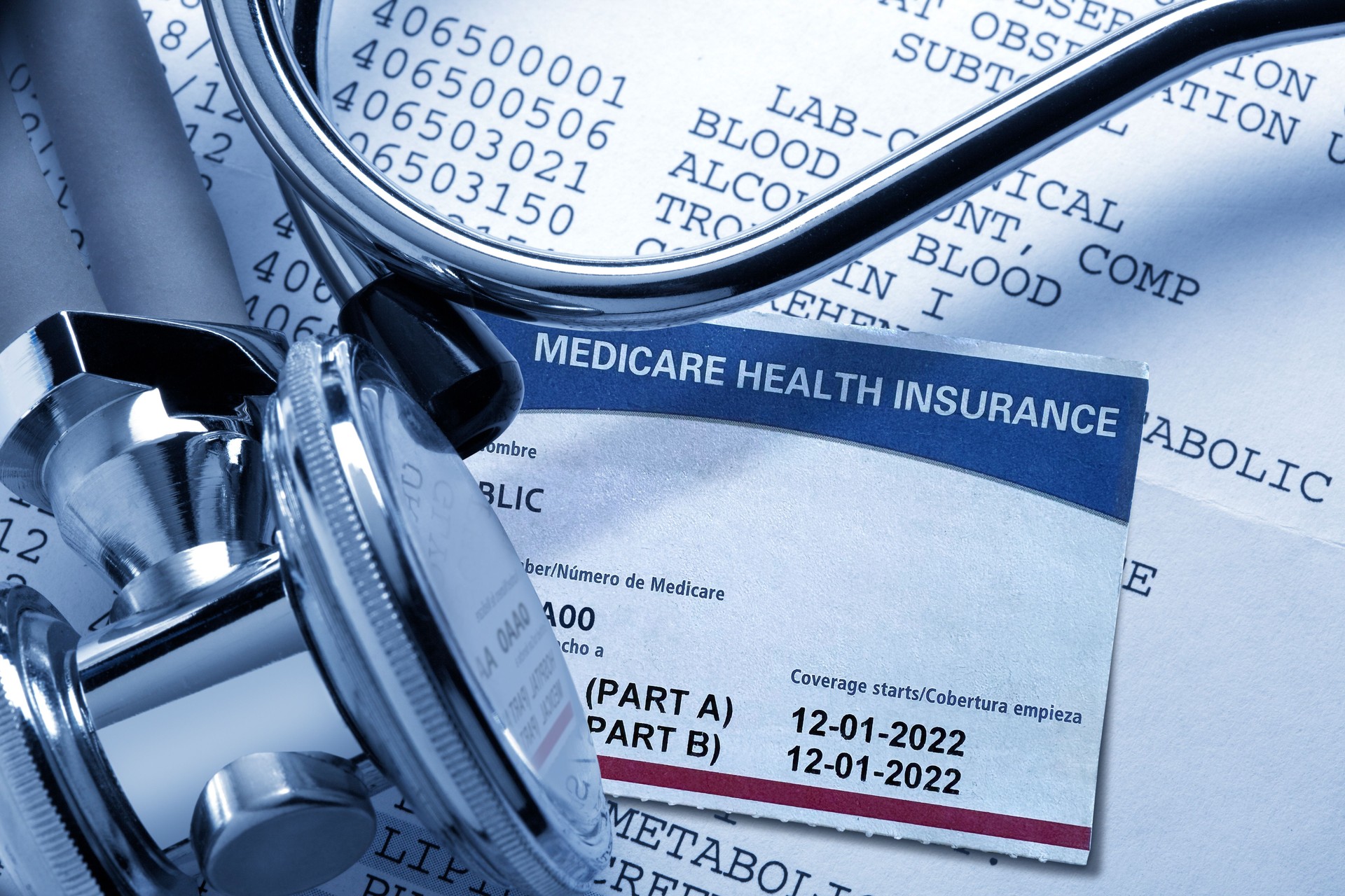 Medicare Insurance Card And  Stethoscope On A Medical Bill